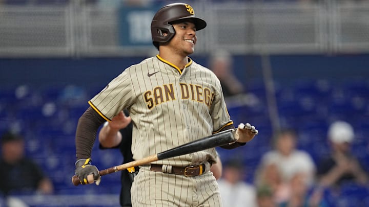 Jun 1, 2023; Miami, Florida, USA;  San Diego Padres left fielder Juan Soto (22) reacts to striking