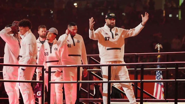 Feb 3, 2025; New Orleans, LA, USA;  Kansas City Chiefs tight end Travis Kelce (87) waves to the crowd during Super Bowl LIX Opening Night at Ceasars Superdome. Mandatory Credit: Kirby Lee-Imagn Images