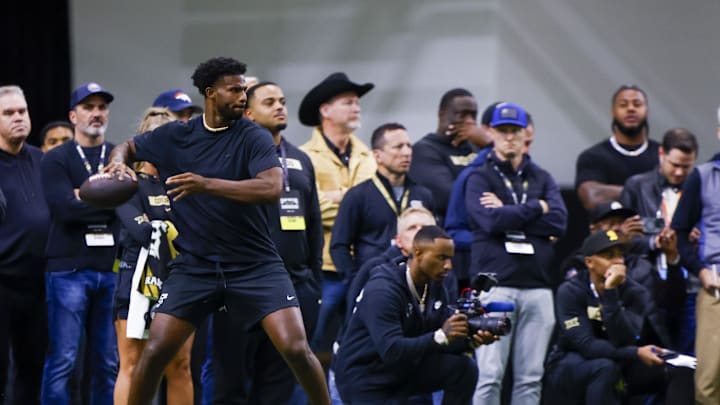 Apr 4, 2025; Boulder, CO, USA; Colorado Buffaloes quarterback Shedeur Sanders (2) passes the ball at the University of Colorado NFL Showcase at the CU Indoor Practice Facility. Mandatory Credit: Michael Ciaglo-Imagn Images