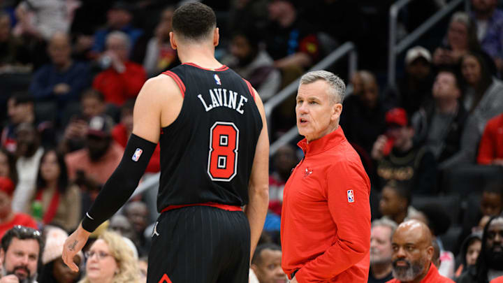 Jan 1, 2025; Washington, District of Columbia, USA; Chicago Bulls head coach Billy Donovan speaks to Chicago Bulls guard Zach LaVine (8) during the third quarter against the Washington Wizards at Capital One Arena. Mandatory Credit: Reggie Hildred-Imagn Images