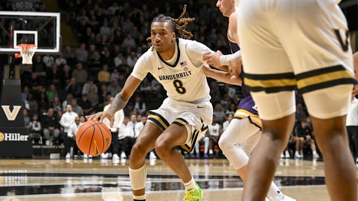 Nov 3, 2025; Nashville, Tennessee, USA; Vanderbilt Commodores guard Tyler Harris (8) drives to the basket against the Lipscomb Bisons during the first half at Memorial Gymnasium. Mandatory Credit: Steve Roberts-Imagn Images Nov 3, 2025; Nashville, Tennessee, USA; Vanderbilt Commodores guard Tyler Harris (8) drives to the basket against the Lipscomb Bisons during the first half at Memorial Gymnasium. Mandatory Credit: Steve Roberts-Imagn Images