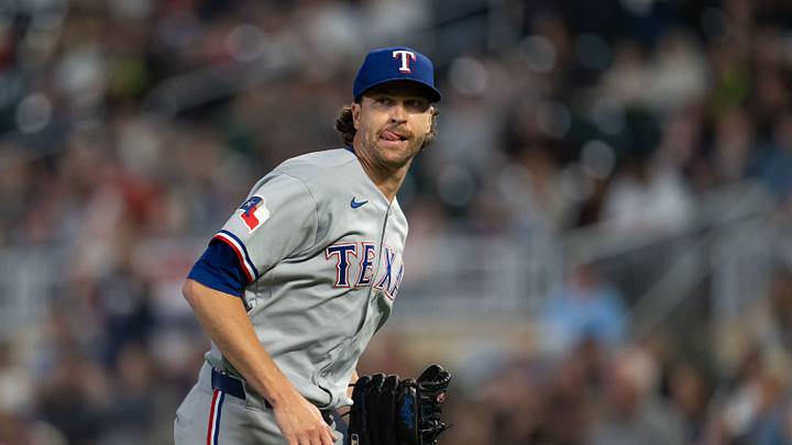 Sep 25, 2026; Minneapolis, Minnesota, USA;  Texas Rangers starting pitcher Jacob Degrom (48) looks on against the Minnesota Twins in the second inning at Target Field.  Mandatory Credit: Jesse Johnson-Imagn Images