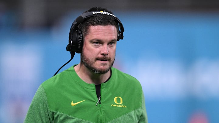 Dec 28, 2022; San Diego, CA, USA; Oregon Ducks head coach Dan Lanning looks on from the sideline during the second half against the North Carolina Tar Heels of the 2022 Holiday Bowl at Petco Park. Mandatory Credit: Orlando Ramirez-Imagn Images