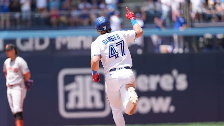 Toronto, Ontario, CAN; Toronto Blue Jays right fielder Addison Barger (47) runs the bases after hitting a two-run home run against the San Francisco Giants during the fifth inning at Rogers Centre.