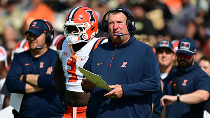 Oct 4, 2025; West Lafayette, Indiana, USA; Illinois Fighting Illini head coach Bret Bielema stands on the sidelines during the second quarter against the Purdue Boilermakers at Ross-Ade Stadium. Mandatory Credit: Marc Lebryk-Imagn Images