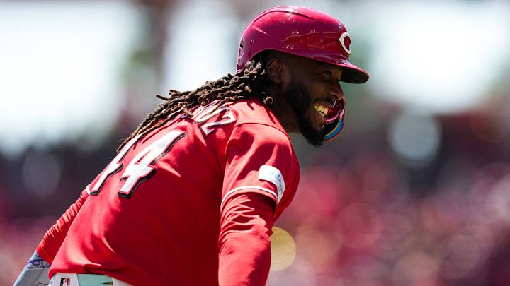 Sep 6, 2026; Cincinnati, Ohio, USA;  Cincinnati Reds designated hitter Elly de la Cruz runs the bases after hitting a two-run home run against the Milwaukee Brewers in the fourth inning at Great American Ball Park. Mandatory Credit: Aaron Doster-Imagn Images