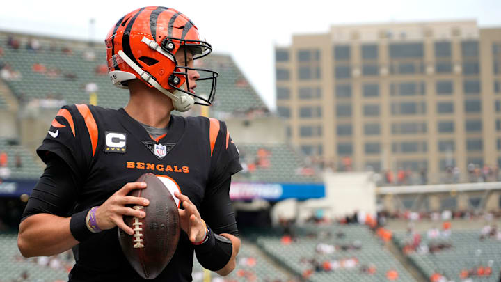 Cincinnati Bengals quarterback Joe Burrow (9) warms up prior to a Week 2 NFL football game between