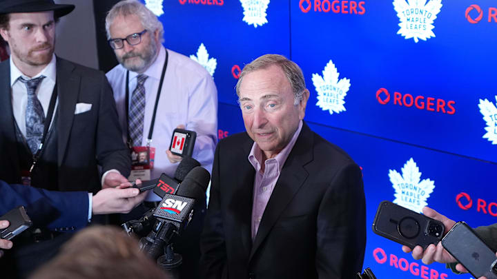 Oct 8, 2025; Toronto, Ontario, CAN; The Commissioner of the NHL Gary Bettman speaks to the media before a game between the Montreal Canadiens and the Toronto Maple Leafs at Scotiabank Arena. Mandatory Credit: Nick Turchiaro-Imagn Images
