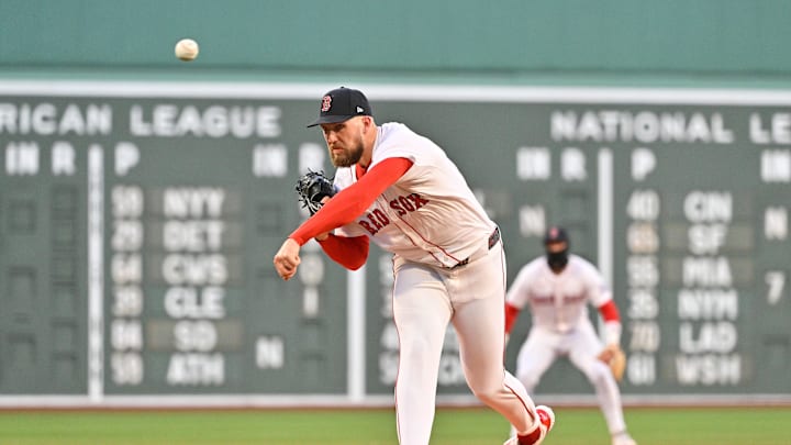 Apr 8, 2025; Boston, Massachusetts, USA; Boston Red Sox starting pitcher Garrett Crochet (35) pitches against the Toronto Blue Jays during the first inning at Fenway Park. Mandatory Credit: Eric Canha-Imagn Images