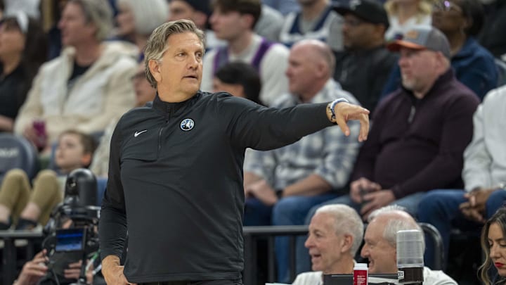 Mar 9, 2025; Minneapolis, Minnesota, USA; Minnesota Timberwolves head coach Chris Finch looks on against the San Antonio Spurs in the second half at Target Center. Mandatory Credit: Jesse Johnson-Imagn Images