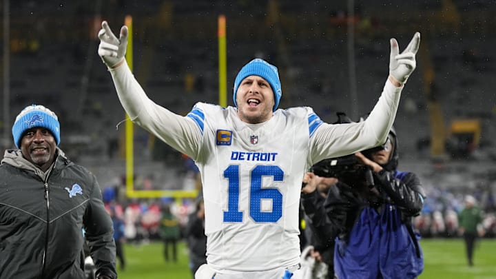 Nov 3, 2024; Green Bay, Wisconsin, USA; Detroit Lions quarterback Jared Goff (16) celebrates as he runs off the field following the game against the Green Bay Packers at Lambeau Field. Mandatory Credit: Jeff Hanisch-Imagn Images Nov 3, 2024; Green Bay, Wisconsin, USA; Detroit Lions quarterback Jared Goff (16) celebrates as he runs off the field following the game against the Green Bay Packers at Lambeau Field. Mandatory Credit: Jeff Hanisch-Imagn Images
