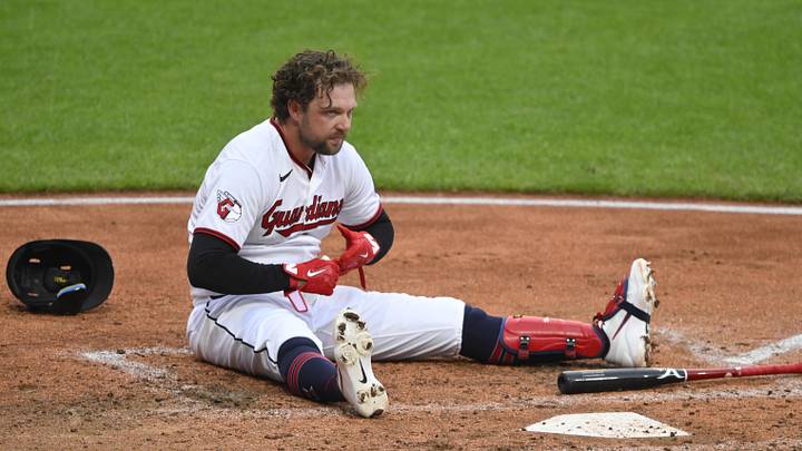 Jun 9, 2026; Cleveland, Ohio, USA; Cleveland Guardians designated hitter Rhys Hoskins (8) reacts after he was hit in the hand by a pitch in the third inning against the New York Yankees at Progressive Field. Mandatory Credit: David Richard-Imagn Images Jun 9, 2026; Cleveland, Ohio, USA; Cleveland Guardians designated hitter Rhys Hoskins (8) reacts after he was hit in the hand by a pitch in the third inning against the New York Yankees at Progressive Field. Mandatory Credit: David Richard-Imagn Images