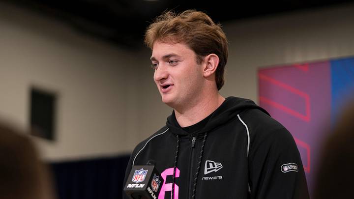 Feb 26, 2026; Indianapolis, IN, USA; Texas tight end Jack Endries (TE06) speaks to members of the media during the NFL Combine at the Indiana Convention Center. Mandatory Credit: Jacob Musselman-Imagn Images