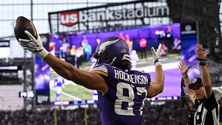 Oct 25, 2026; Minneapolis, Minnesota, USA;  Minnesota Vikings tight end T.J. Hockenson (87) reacts after scoring a touchdown against the Indianapolis Colts in the second half at U.S. Bank Stadium.  Mandatory Credit: Jeffrey Becker-Imagn Images