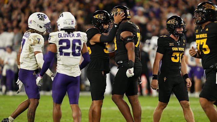 Sep 26, 2025; Tempe, Arizona, USA; Arizona State Sun Devils kicker Jesus Gomez celebrates a field goal with offensive lineman Jalen Klemm (70) against TCU Horned Frogs in the second half at Mountain America Stadium, Home of the ASU Sun Devils. Mandatory Credit: Jacob Reiner-Imagn Images