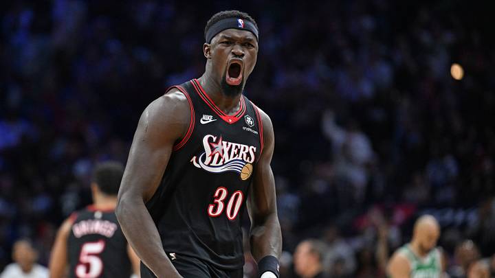 Philadelphia 76ers center Adem Bona (30) reacts after a 76ers basket against the Boston Celtics during the first half at Xfinity Mobile Arena on Apr. 24, 2026.