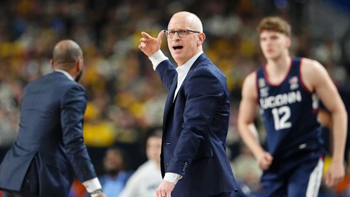 Apr 6, 2026; Indianapolis, IN, USA; UConn Huskies head coach Dan Hurley reacts after a play against the Michigan Wolverines during the first half in the national championship of the Final Four of the men's 2026 NCAA Tournament between the  and the Michigan Wolverines at Lucas Oil Stadium. Mandatory Credit: Bob Donnan-Imagn Images