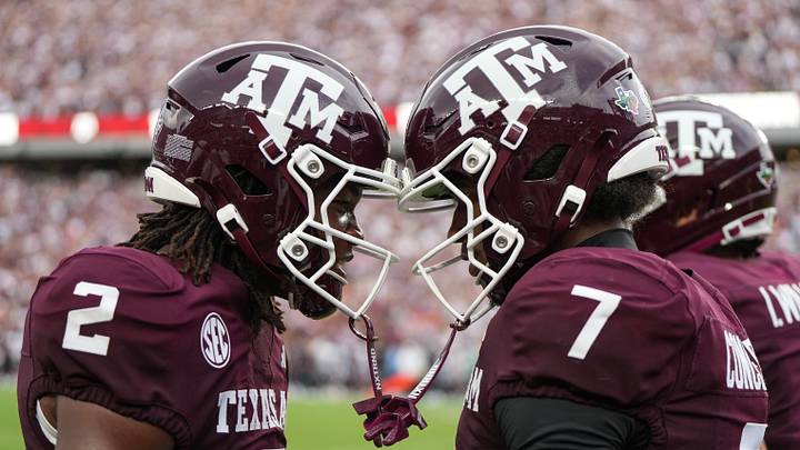 Aug 30, 2025; College Station, Texas, USA; Texas A&M Aggies wide receivers Terry Bussey (2) and KC Concepcion (7) celebrate after a touchdown in the first quarter against the UTSA Roadrunners at Kyle Field. Mandatory Credit: Sean Thomas-Imagn Images
