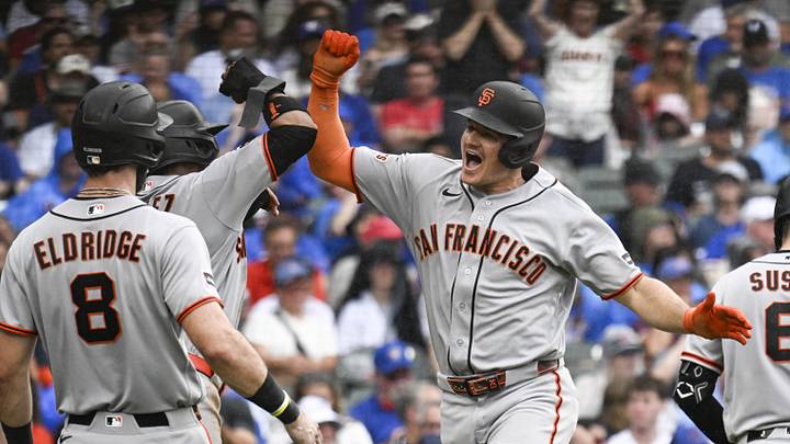 Jun 5, 2026; Chicago, Illinois, USA; San Francisco Giants third baseman Matt Chapman (26), right, high fives San Francisco Giants second baseman Luis Arraez (1) and designated hitter Bryce Eldridge (8) after he hits a grand slam against the Chicago Cubs during the fourth inning at Wrigley Field. Mandatory Credit: Matt Marton-Imagn Images Jun 5, 2026; Chicago, Illinois, USA; San Francisco Giants third baseman Matt Chapman (26), right, high fives San Francisco Giants second baseman Luis Arraez (1) and designated hitter Bryce Eldridge (8) after he hits a grand slam against the Chicago Cubs during the fourth inning at Wrigley Field. Mandatory Credit: Matt Marton-Imagn Images