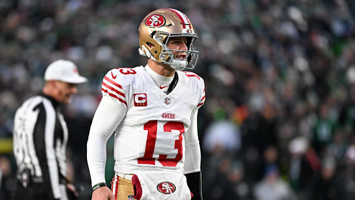 Jan 11, 2026; Philadelphia, PA, USA; San Francisco 49ers quarterback Brock Purdy (13) reacts after a play against the Philadelphia Eagles during the first quarter in an NFC Wild Card Round game at Lincoln Financial Field. Mandatory Credit: Eric Hartline-Imagn Images