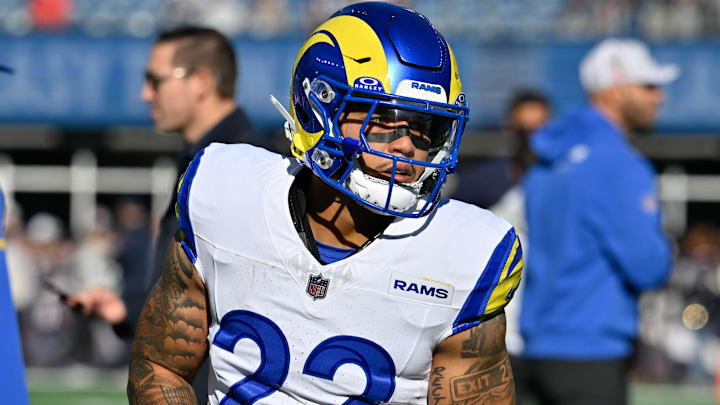 Nov 17, 2024; Foxborough, Massachusetts, USA; Los Angeles Rams running back Blake Corum (22) warms up before a game against the New England Patriots at Gillette Stadium. Mandatory Credit: Eric Canha-Imagn Images Nov 17, 2024; Foxborough, Massachusetts, USA; Los Angeles Rams running back Blake Corum (22) warms up before a game against the New England Patriots at Gillette Stadium. Mandatory Credit: Eric Canha-Imagn Images