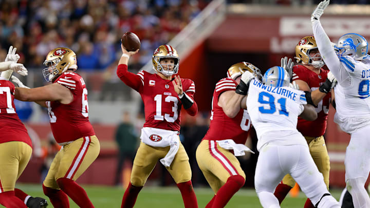 Dec 30, 2024; Santa Clara, California, USA; San Francisco 49ers quarterback Brock Purdy (13) during the game against the Detroit Lions at Levi's Stadium. Mandatory Credit: Sergio Estrada-Imagn Images