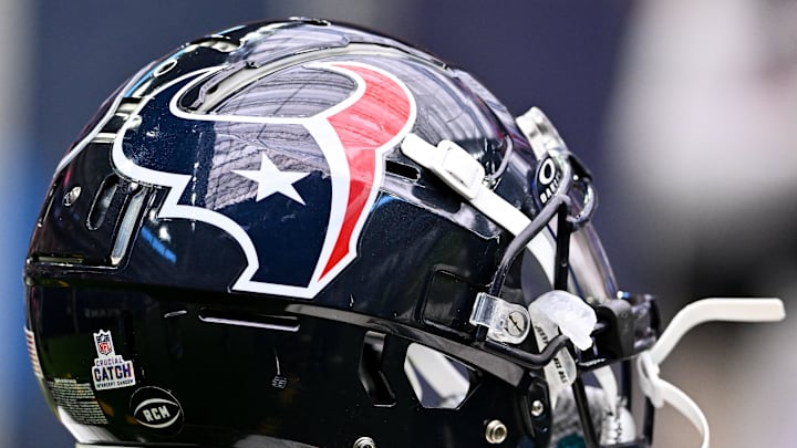 Oct 15, 2023; Houston, Texas, USA; A detailed view of a Curcial Catch decal on a Houston Texans helmet on the sideline prior to the game against the New Orleans Saints at NRG Stadium. Mandatory Credit: Maria Lysaker-Imagn Images