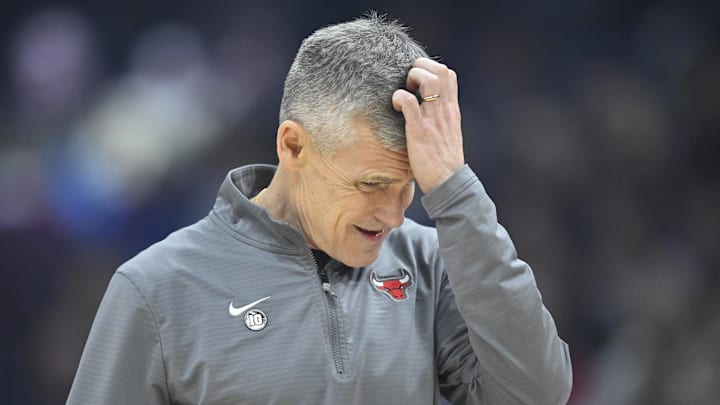 Apr 8, 2025; Cleveland, Ohio, USA; Chicago Bulls head coach Billy Donovan reacts during a timeout in the first quarter against the Cleveland Cavaliers at Rocket Arena. Mandatory Credit: David Richard-Imagn Images