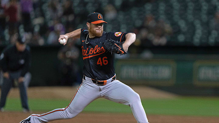Baltimore Orioles pitcher Craig Kimbrel (46) pitches during the ninth inning against the Oakland Athletics at Oakland-Alameda County Coliseum in 2024.