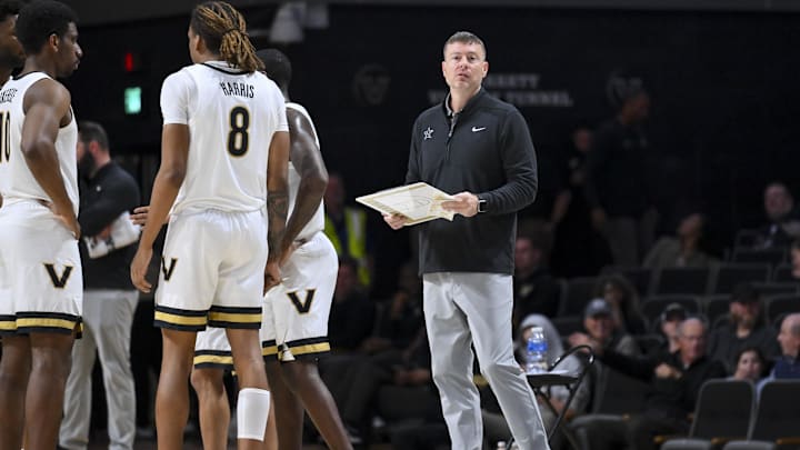 Nov 20, 2025; Nashville, Tennessee, USA;  Vanderbilt Commodores head coach Mark Byington looks down court against the Texas Southern Tigers during the first half at Memorial Gymnasium. Mandatory Credit: Steve Roberts-Imagn Images