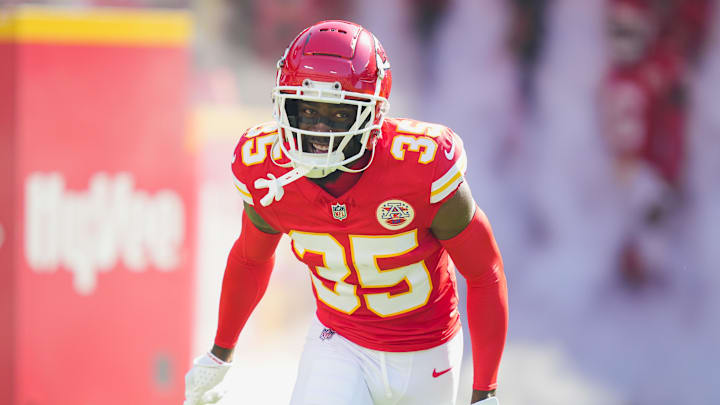 Sep 28, 2025; Kansas City, Missouri, USA; Kansas City Chiefs cornerback Jaylen Watson (35) takes the field prior to a game against the Baltimore Ravens at GEHA Field at Arrowhead Stadium. Mandatory Credit: Jay Biggerstaff-Imagn Images | Jay Biggerstaff-Imagn Images