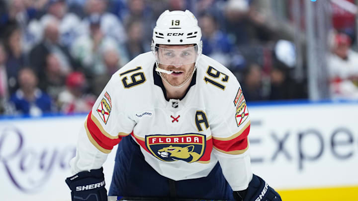 Florida Panthers left wing Matthew Tkachuk (19) waits for the faceoff against the Toronto Maple Leafs during the second period in game two of the second round of the 2025 Stanley Cup Playoffs at Scotiabank Arena.