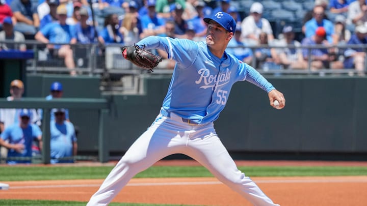 May 22, 2024; Kansas City, Missouri, USA; Kansas City Royals starting pitcher Cole Ragans (55) delivers a pitch against the Detroit Tigers in the first inning at Kauffman Stadium. May 22, 2024; Kansas City, Missouri, USA; Kansas City Royals starting pitcher Cole Ragans (55) delivers a pitch against the Detroit Tigers in the first inning at Kauffman Stadium.