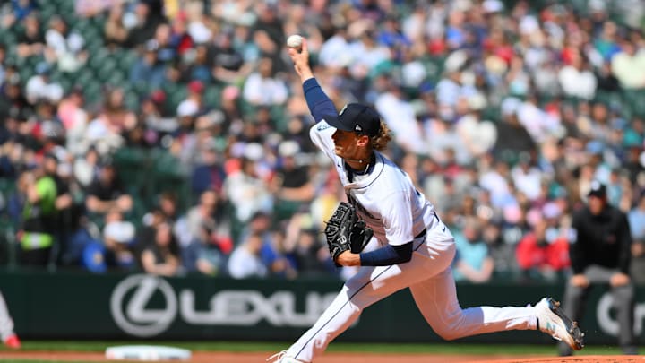 Seattle Mariners starting pitcher Bryce Miller (50) pitches to the Boston Red Sox during the first inning at T-Mobile Park in 2024. Seattle Mariners starting pitcher Bryce Miller (50) pitches to the Boston Red Sox during the first inning at T-Mobile Park in 2024.