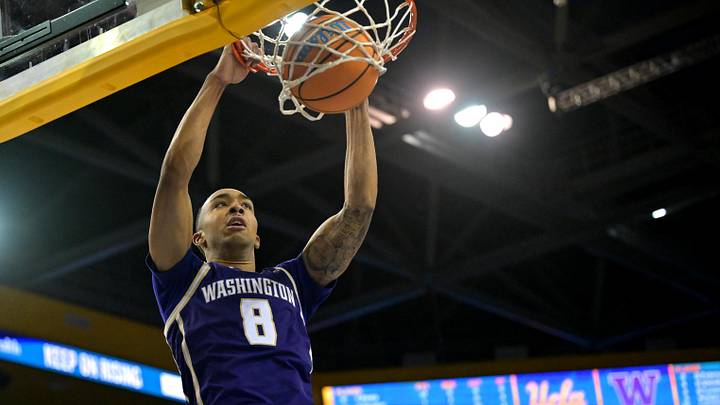 Feb 7, 2026; Los Angeles, California, USA; Washington Huskies forward Bryson Tucker (8) dunks in the second half against the UCLA Bruins at Pauley Pavilion presented by Wescom Financial. Feb 7, 2026; Los Angeles, California, USA; Washington Huskies forward Bryson Tucker (8) dunks in the second half against the UCLA Bruins at Pauley Pavilion presented by Wescom Financial.
