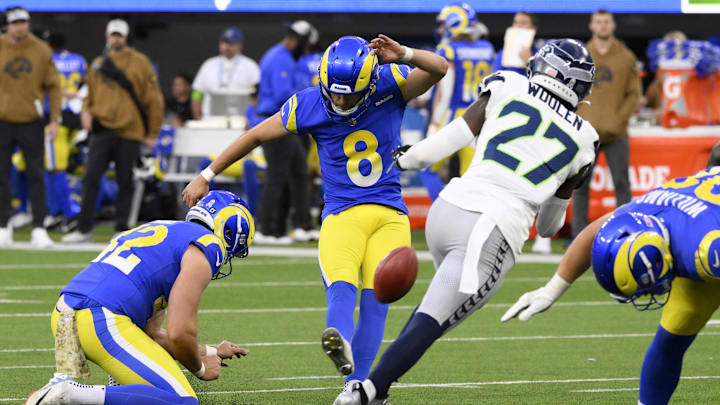 Nov 19, 2023; Inglewood, California, USA; Los Angeles Rams place kicker Lucas Havrisik (8) kicks a field goal in the fourth quarter against the Seattle Seahawks at SoFi Stadium. Mandatory Credit: Robert Hanashiro-Imagn Images