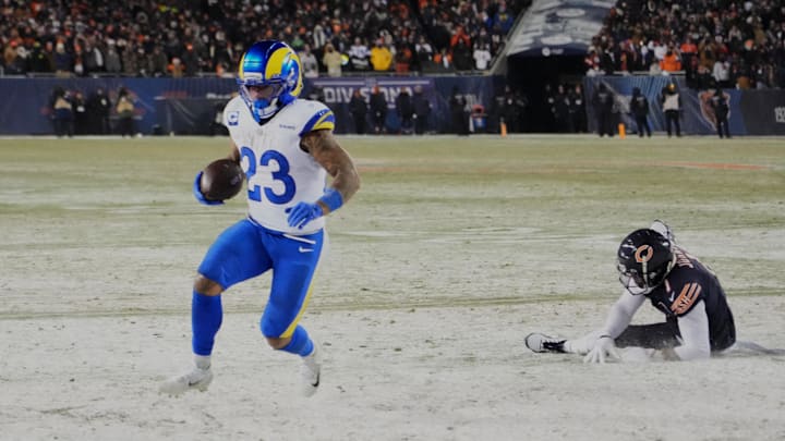 Kyren Williams leaves C.J. Gardner-Johnson in the snow and ice on a fourth-quarter touchdown run to put L.A. up 17-10.