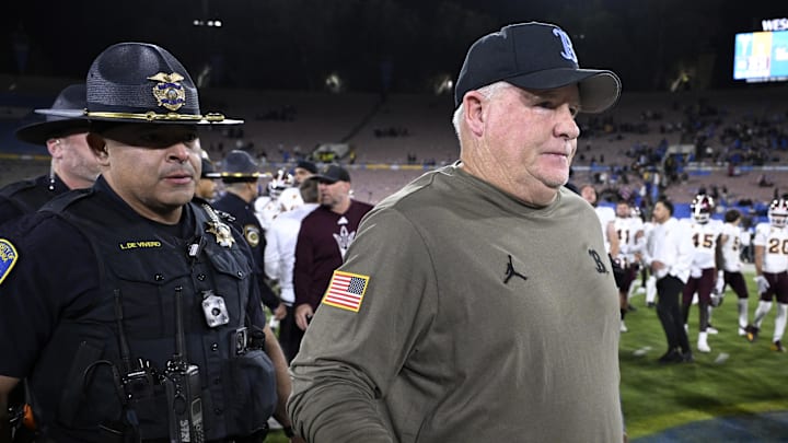 Nov 11, 2023; Pasadena, California, USA; UCLA Bruins head coach Chip Kelly walks off the field after