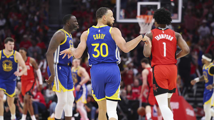 Apr 20, 2025; Houston, Texas, USA; Golden State Warriors guard Stephen Curry (30) reacts after making a basket during the fourth quarter against the Houston Rockets at Toyota Center. Mandatory Credit: Troy Taormina-Imagn Images