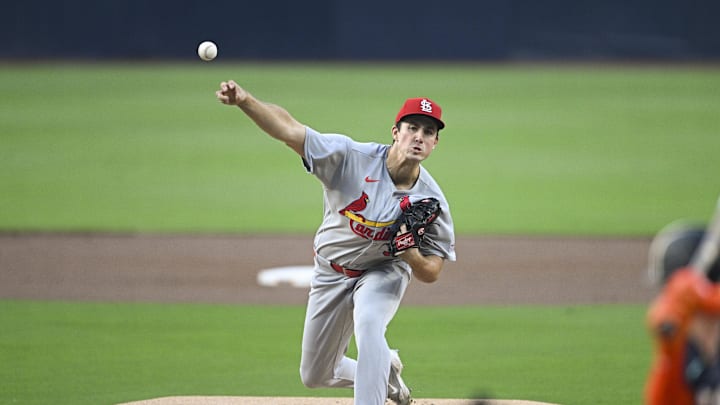 May 8, 2026; San Diego, California, USA; St. Louis Cardinals starting pitcher Michael McGreevy (36) delivers during the first inning against the San Diego Padres at Petco Park. Mandatory Credit: Denis Poroy-Imagn Images