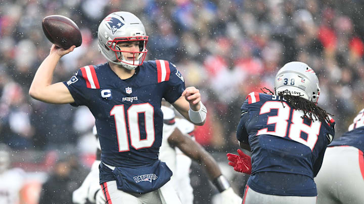 Jan 18, 2026; Foxborough, MA, USA; New England Patriots quarterback Drake Maye (10) throws in the first quarter in an AFC Divisional Round game against the Houston Texans at Gillette Stadium. Mandatory Credit: Brian Fluharty-Imagn Images