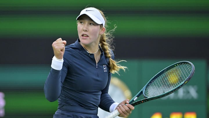 Mar 14, 2025; Indian Wells, CA, USA; Mirra Andreeva (RUS) celebrates a point during her semifinal match defeating Iga Swiatek (not pictured) at the BNP Paribas Open at the Indian Well Tennis Garden.