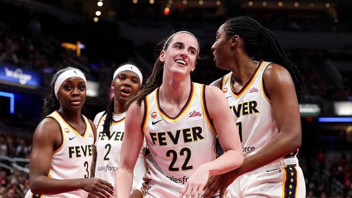 Indiana Fever guard Caitlin Clark (22) stands up Tuesday, June 16, 2026, during the second half of a game at Gainbridge Fieldhouse in Indianapolis. The Indiana Fever defeated the Toronto Tempo, 113-91.