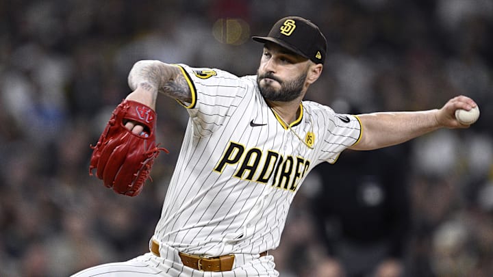 Sep 21, 2024; San Diego, California, USA; San Diego Padres relief pitcher Tanner Scott (66) pitches against the Chicago White Sox during the eighth inning at Petco Park. Mandatory Credit: Orlando Ramirez-Imagn Images