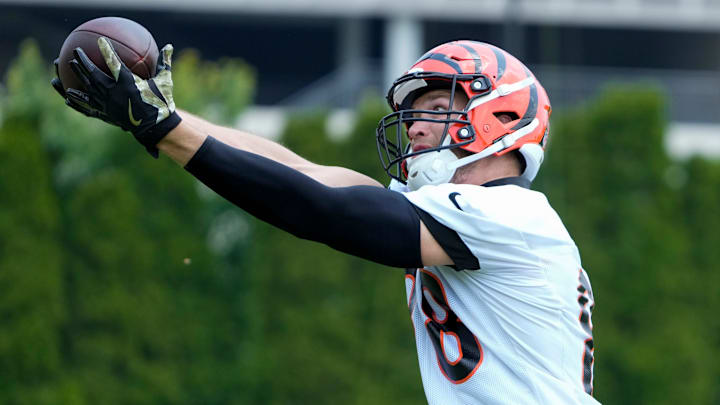 Cincinnati Bengals tight end Mike Gesicki (88) catches a pass during a session of organized team activities on the Bengals practice field at Paycor Stadium in downtown Cincinnati on Tuesday, June 3, 2025. Cincinnati Bengals tight end Mike Gesicki (88) catches a pass during a session of organized team activities on the Bengals practice field at Paycor Stadium in downtown Cincinnati on Tuesday, June 3, 2025.