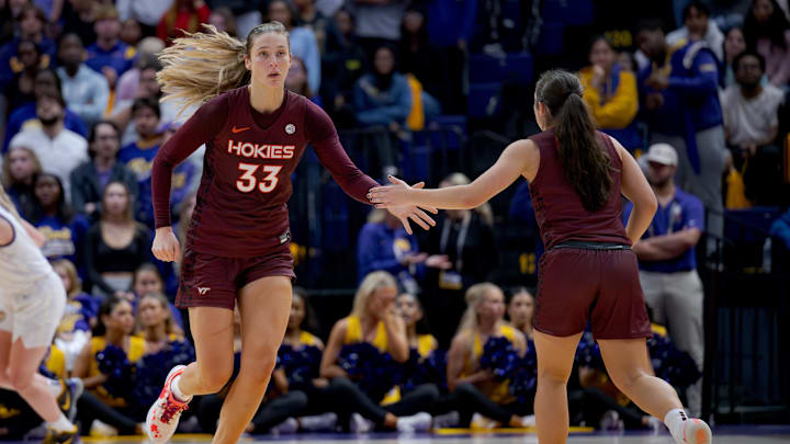 Nov 30, 2023; Baton Rouge, Louisiana, USA;  Virginia Tech Hokies center Elizabeth Kitley (33) slaps