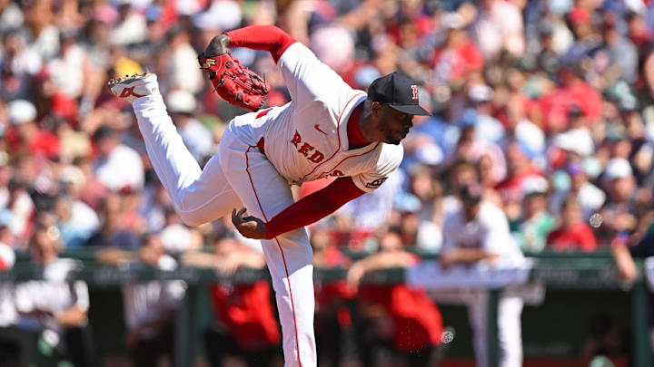 Boston, Massachusetts, USA; Boston Red Sox pitcher Aroldis Chapman (44) pitches against the Tampa Bay Rays during the ninth inning at Fenway Park. Boston, Massachusetts, USA; Boston Red Sox pitcher Aroldis Chapman (44) pitches against the Tampa Bay Rays during the ninth inning at Fenway Park.
