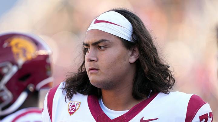 Oct 28, 2023; Berkeley, California, USA; USC Trojans offensive lineman Elijah Paige (72) during halftime against the California Golden Bears at California Memorial Stadium. Mandatory Credit: Darren Yamashita-USA TODAY Sports