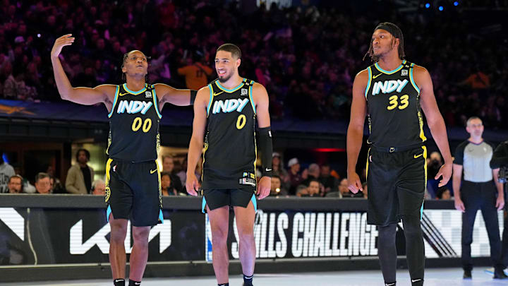 Feb 17, 2024; Indianapolis, IN, USA; Indiana Pacers center Myles Turner (33), guard Bennedict Mathurin (00) and guard Tyrese Haliburton (0) react after competing in the skills challenge during NBA All Star Saturday Night at Lucas Oil Stadium. Mandatory Credit: Kyle Terada-Imagn Images Feb 17, 2024; Indianapolis, IN, USA; Indiana Pacers center Myles Turner (33), guard Bennedict Mathurin (00) and guard Tyrese Haliburton (0) react after competing in the skills challenge during NBA All Star Saturday Night at Lucas Oil Stadium. Mandatory Credit: Kyle Terada-Imagn Images