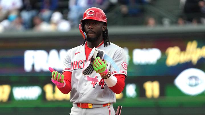 May 7, 2026; Chicago, Illinois, USA; Cincinnati Reds shortstop Elly de la Cruz (44) gestures after hitting a double against the Chicago Cubs during the seventh inning at Wrigley Field. Mandatory Credit: David Banks-Imagn Images